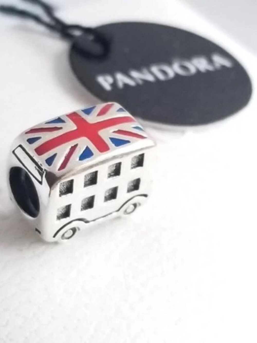 Pandora Silver Double-Decker Bus Charm with Red and Blue Union Jack